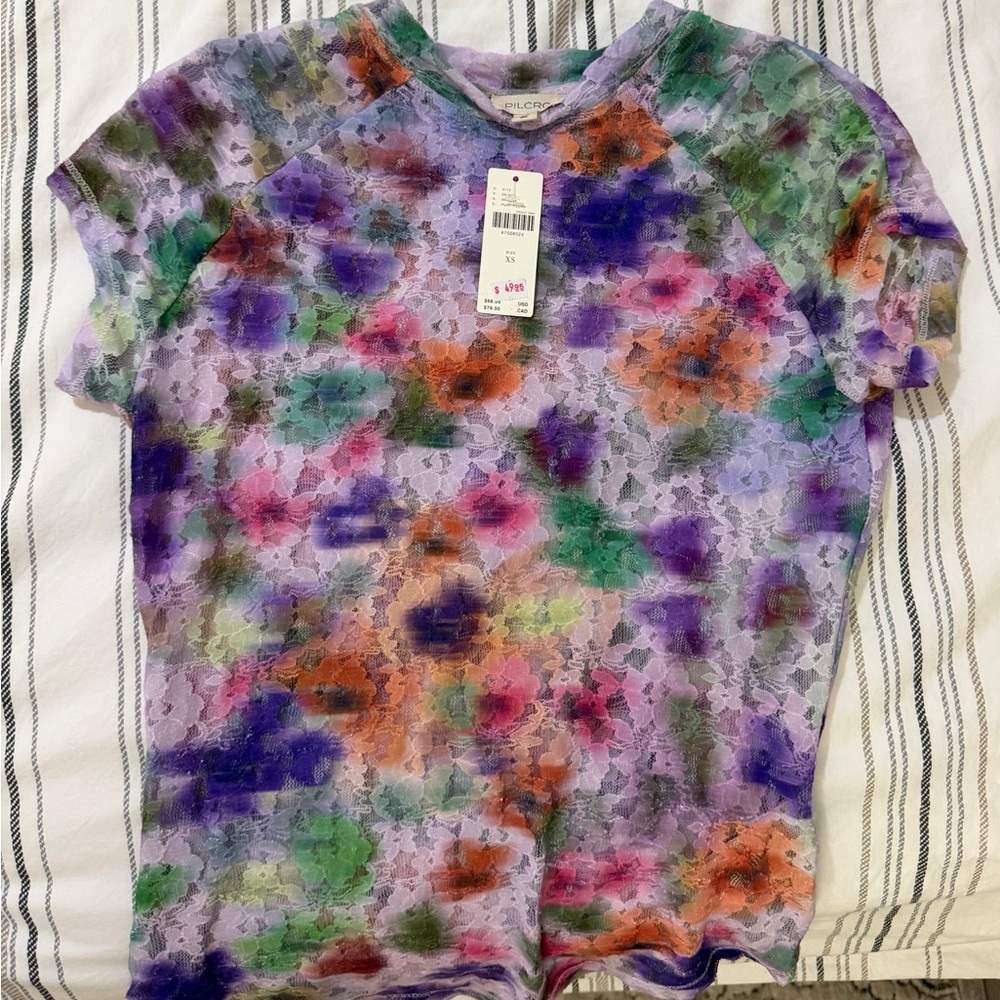 Pilcro Vibrant Floral Lace Short Sleeve Tee